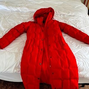 Red long puffer jacket